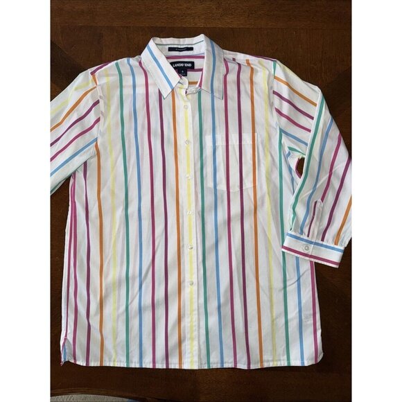 Lands' End Shirt Womens 8 Multicolor Stripe Button Up No Iron Supima 3/4 Sleeve - Picture 1 of 10